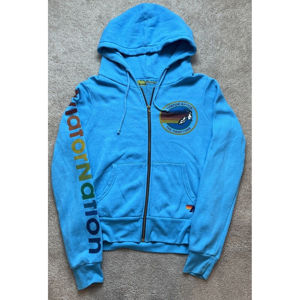 Aviator Nation Zip Up Hoodie XS Blue Neon Rainbow Hamptons Graphic Surf Grunge